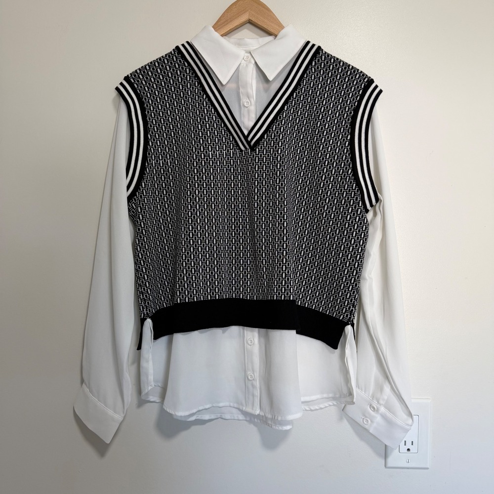 Adrianna Papell Layered Sweater Vest Blouse Black White Womens Medium Preppy